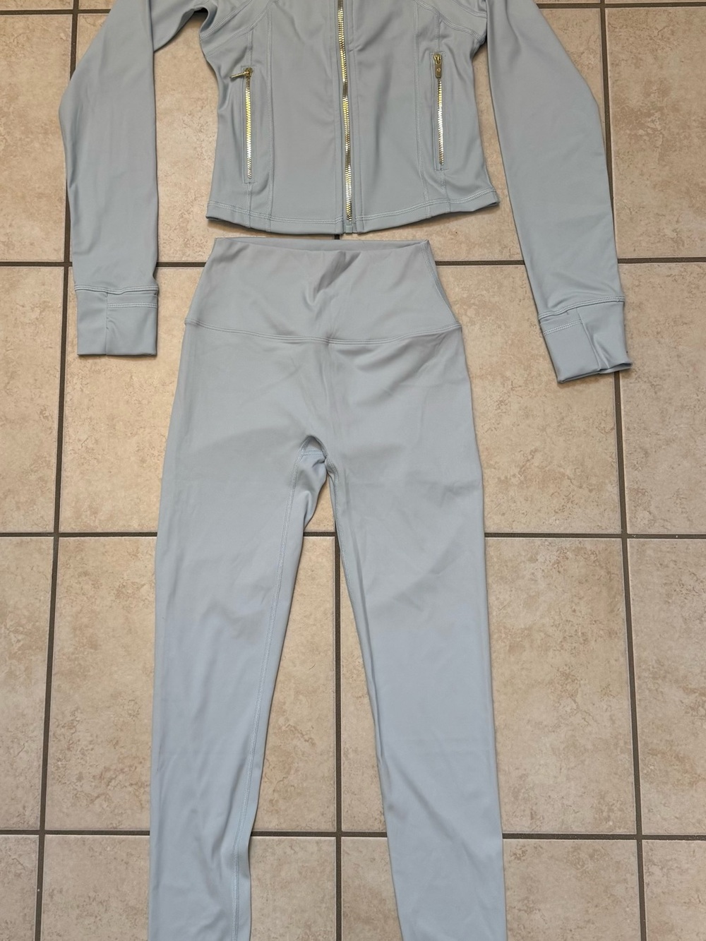 High-Waist Light Gray/Blue Active Legging and Jacket set